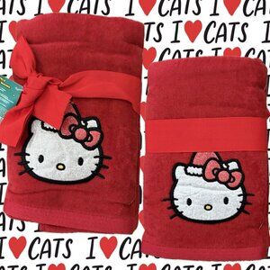 Hello Kitty Red Cotton Embroidered Glitter Face Kitty Graphic Hand Towels-2-Pk